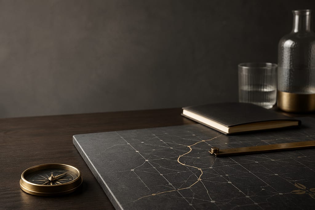 Drift Begins Where Review Is Absent elegant workspace with brass accents