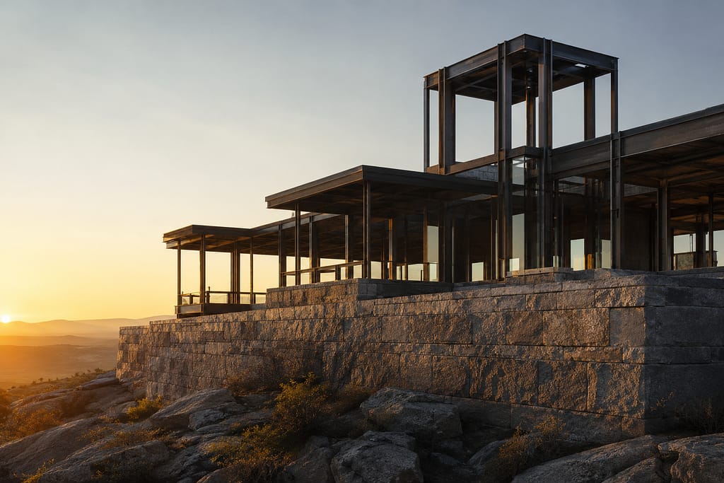 rae modern architecture against rugged terrain at sunset